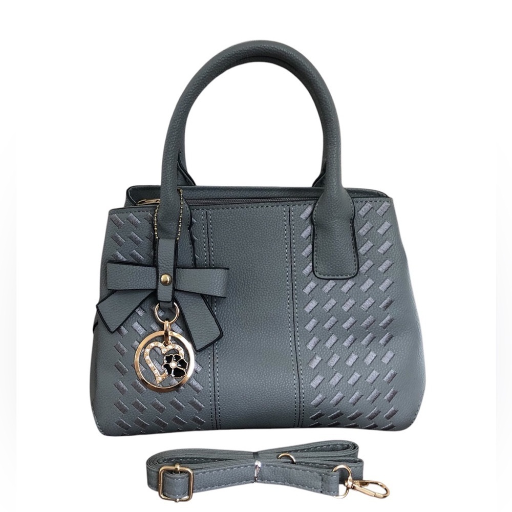 Women’s Top Carry Crossbody Handbag Gray Mid Size Purse Bow Heart Charm Top Zip